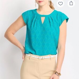 Textured Teal Cap-Sleeve Keyhole Blouse